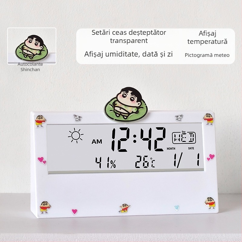 Ceas deșteptător transparent, cu două fețe, pentru studenți, cu termometru, afișaj ce luminează în întuneric, prognoză meteo și afișaj săptămânal – ceas de noptiere