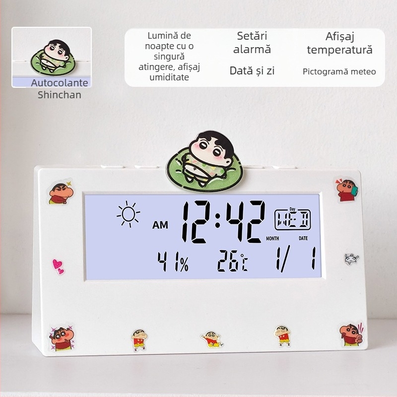 Ceas deșteptător transparent, cu două fețe, pentru studenți, cu termometru, afișaj ce luminează în întuneric, prognoză meteo și afișaj săptămânal – ceas de noptiere