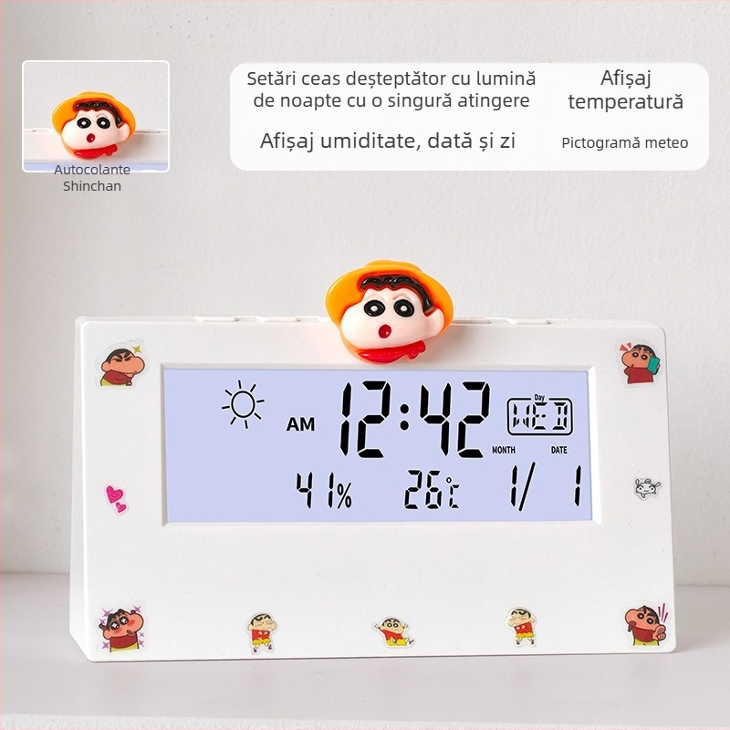 Ceas deșteptător transparent, cu două fețe, pentru studenți, cu termometru, afișaj ce luminează în întuneric, prognoză meteo și afișaj săptămânal – ceas de noptiere