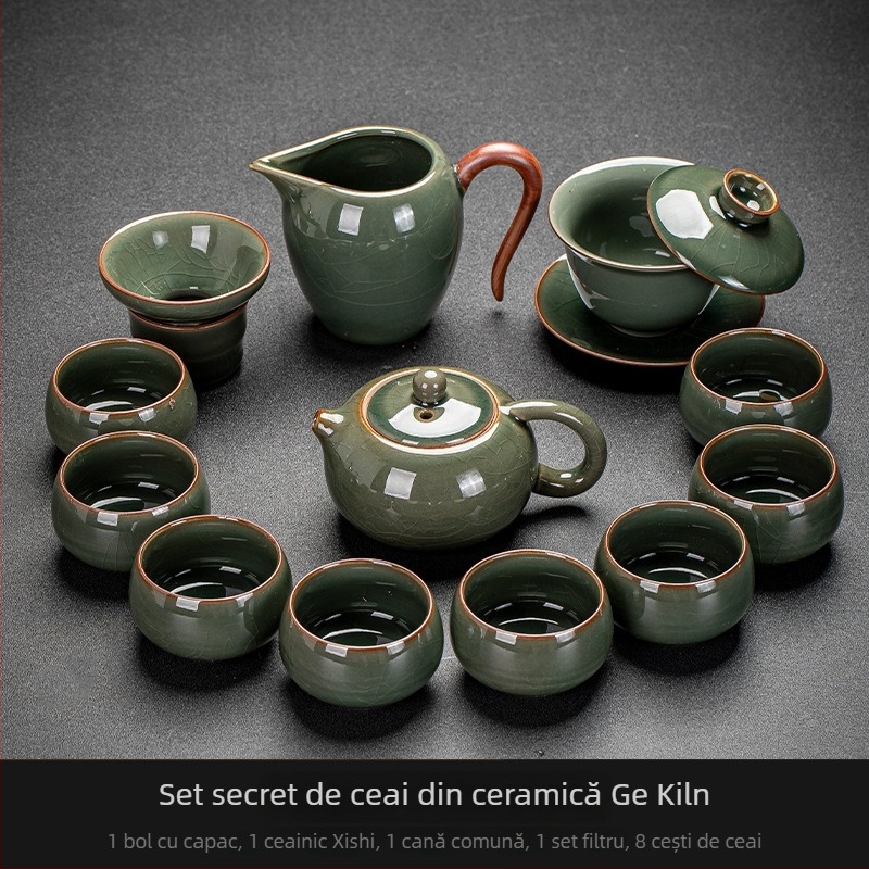Set de ceai Kung Fu Ge Kiln Ice Crack Glaze cu gaiwan, ceainic și cești din porțelan pentru acasă și birou