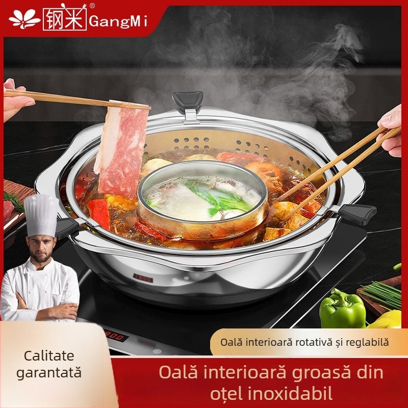 Oală de fondue chinezesc din oțel inoxidabil cu separator, două arome, 4,1–6 L, pentru uz casnic sau comercial