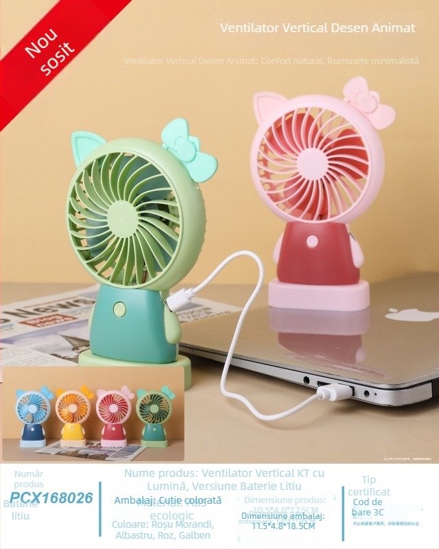 Ventilator portabil USB, baterie încorporată, 4 palete, silențios și compact