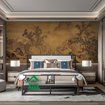 Orange Art Mural – Acoperire de perete decorativă în stil Song Aesthetic, Zen clasic pentru încăperea de ceai, tapet mural