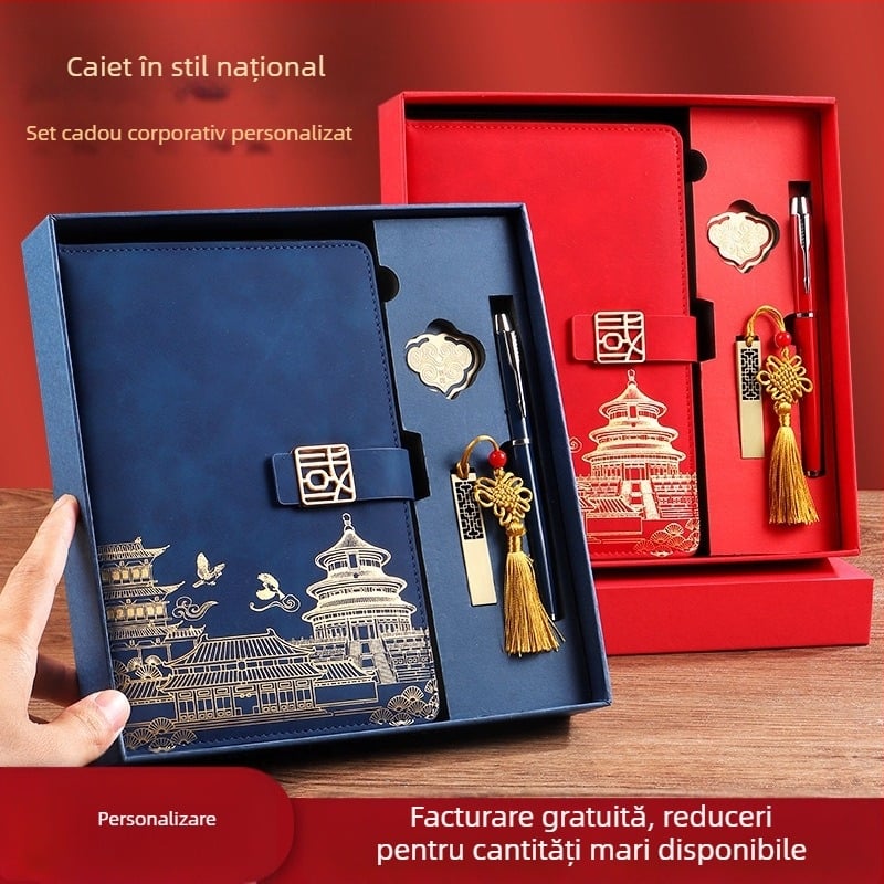 Caiet A5 cu copertă din piele sintetică, legare cusută, stil business, set cadou într-o cutie cu logo personalizat