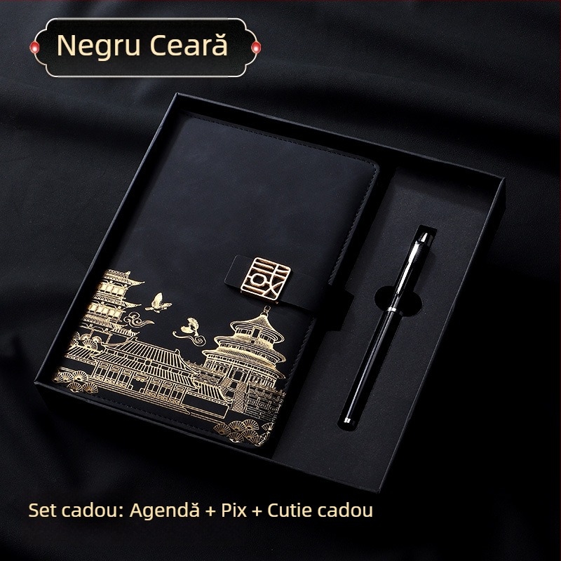 Caiet A5 cu copertă din piele sintetică, legare cusută, stil business, set cadou într-o cutie cu logo personalizat