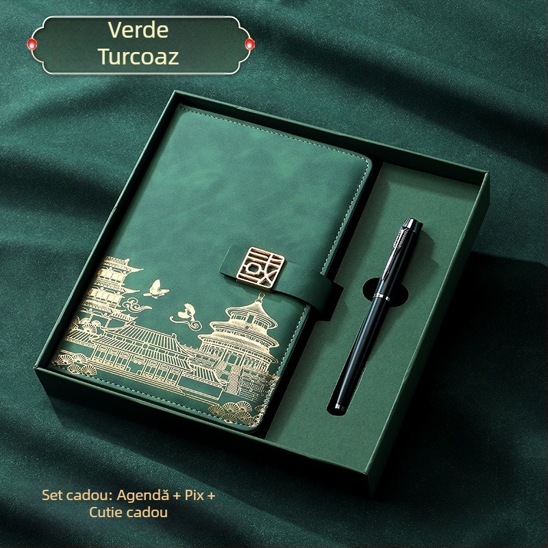 Caiet A5 cu copertă din piele sintetică, legare cusută, stil business, set cadou într-o cutie cu logo personalizat