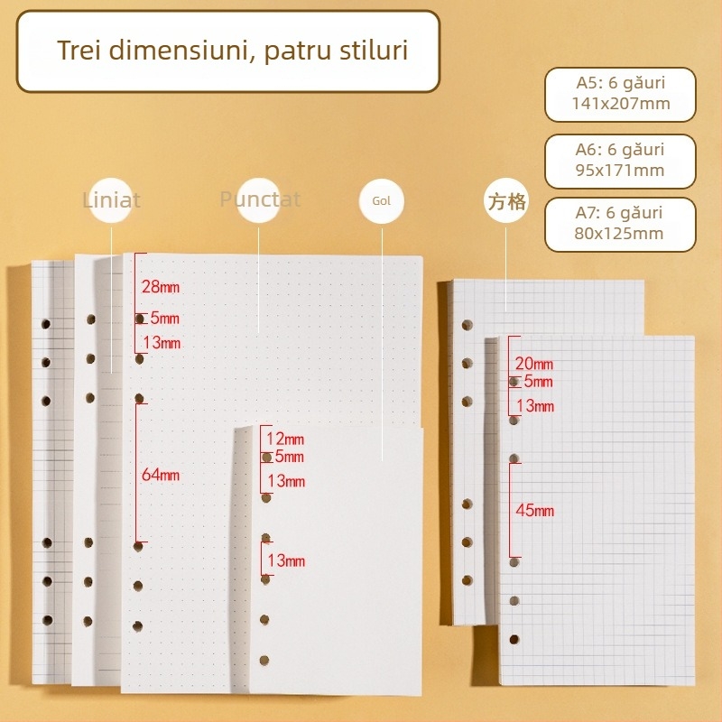 Morning 100 g foi de înlocuire pentru paginile interioare ale blocului A7, cu 6 găuri, linii orizontale, rețea de puncte și pătrate goale; compatibile cu găuri de 9, 20 și 24.