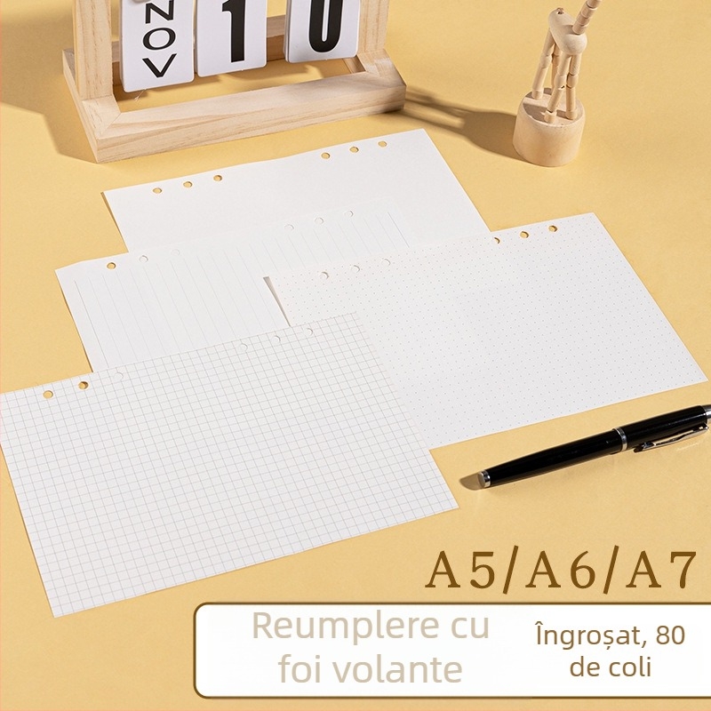 Morning 100 g foi de înlocuire pentru paginile interioare ale blocului A7, cu 6 găuri, linii orizontale, rețea de puncte și pătrate goale; compatibile cu găuri de 9, 20 și 24.