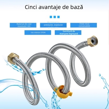 Conductă din oțel inoxidabil 304 împletită, cap din cupru îngroșat, pentru apă caldă și rece, conectare la toaletă și boiler, 1/2 inch