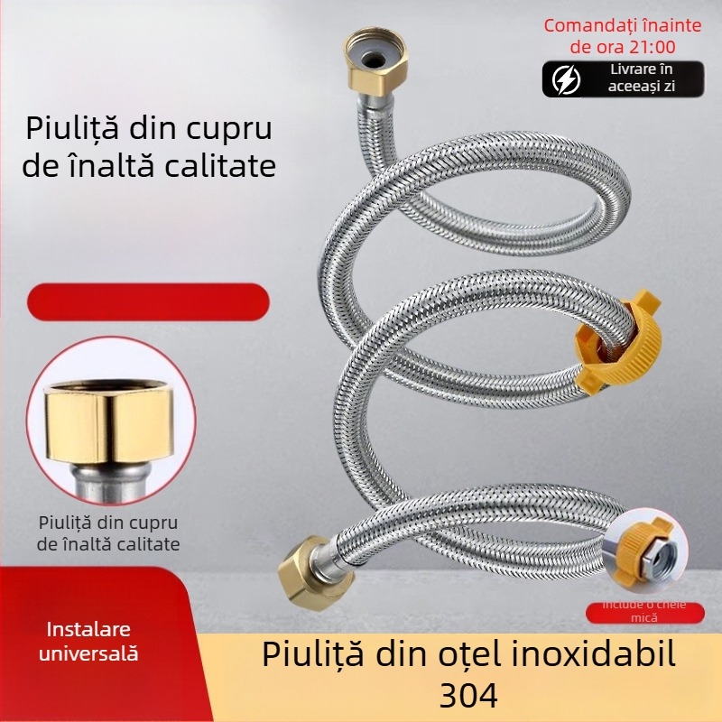 Conductă din oțel inoxidabil 304 împletită, cap din cupru îngroșat, pentru apă caldă și rece, conectare la toaletă și boiler, 1/2 inch