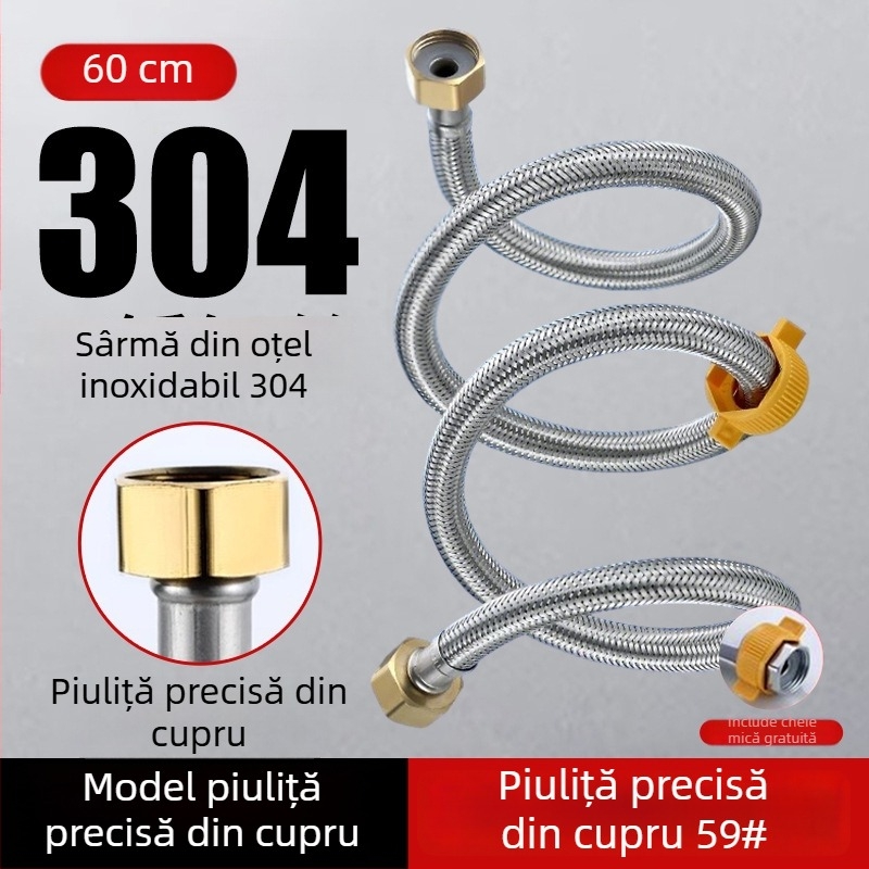 Conductă din oțel inoxidabil 304 împletită, cap din cupru îngroșat, pentru apă caldă și rece, conectare la toaletă și boiler, 1/2 inch