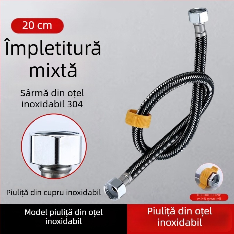 Conductă din oțel inoxidabil 304 împletită, cap din cupru îngroșat, pentru apă caldă și rece, conectare la toaletă și boiler, 1/2 inch