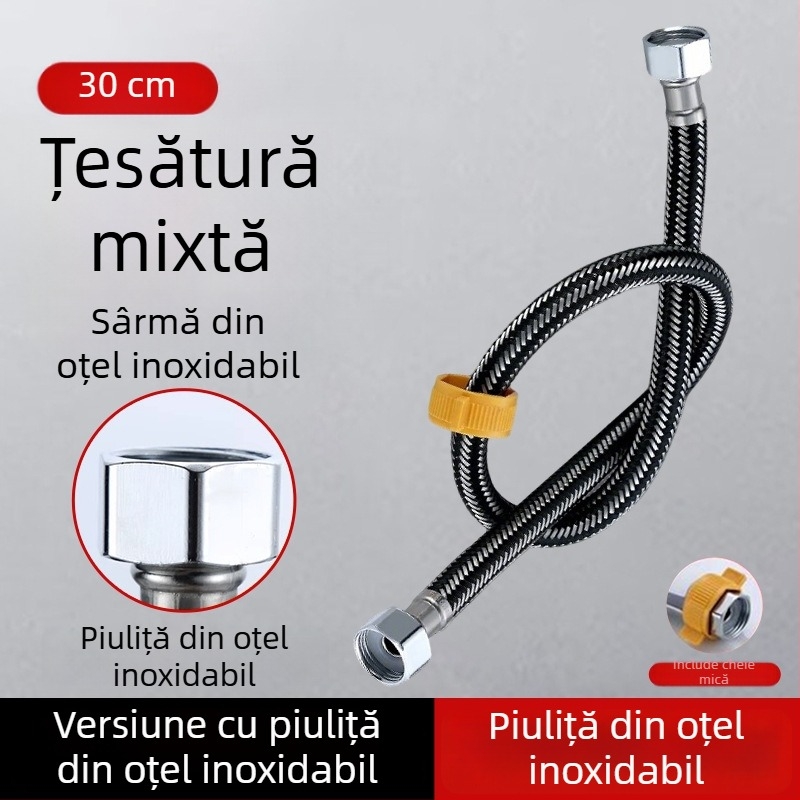 Conductă din oțel inoxidabil 304 împletită, cap din cupru îngroșat, pentru apă caldă și rece, conectare la toaletă și boiler, 1/2 inch