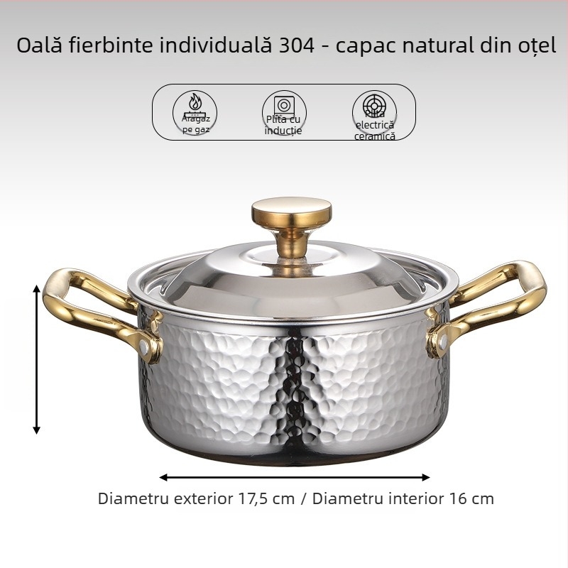 vas de hot pot din oțel inoxidabil 304, pentru o singură persoană, cu capac, 16 cm, 2,1–4 L, bază cu trei straturi