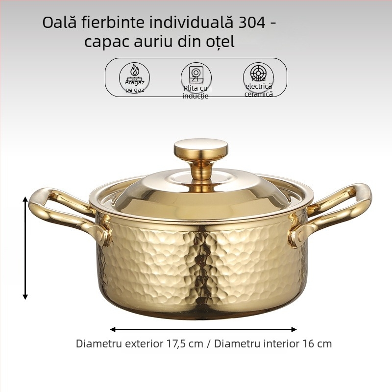 vas de hot pot din oțel inoxidabil 304, pentru o singură persoană, cu capac, 16 cm, 2,1–4 L, bază cu trei straturi