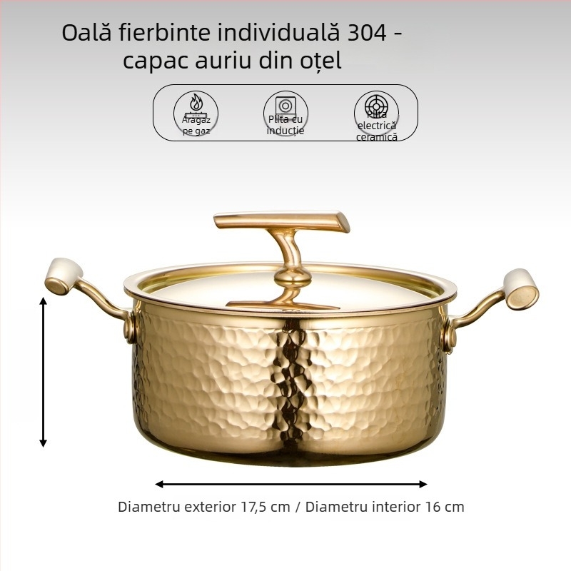 vas de hot pot din oțel inoxidabil 304, pentru o singură persoană, cu capac, 16 cm, 2,1–4 L, bază cu trei straturi