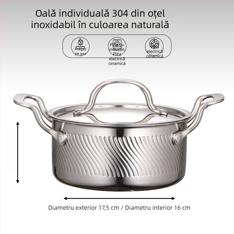 vas de hot pot din oțel inoxidabil 304, pentru o singură persoană, cu capac, 16 cm, 2,1–4 L, bază cu trei straturi