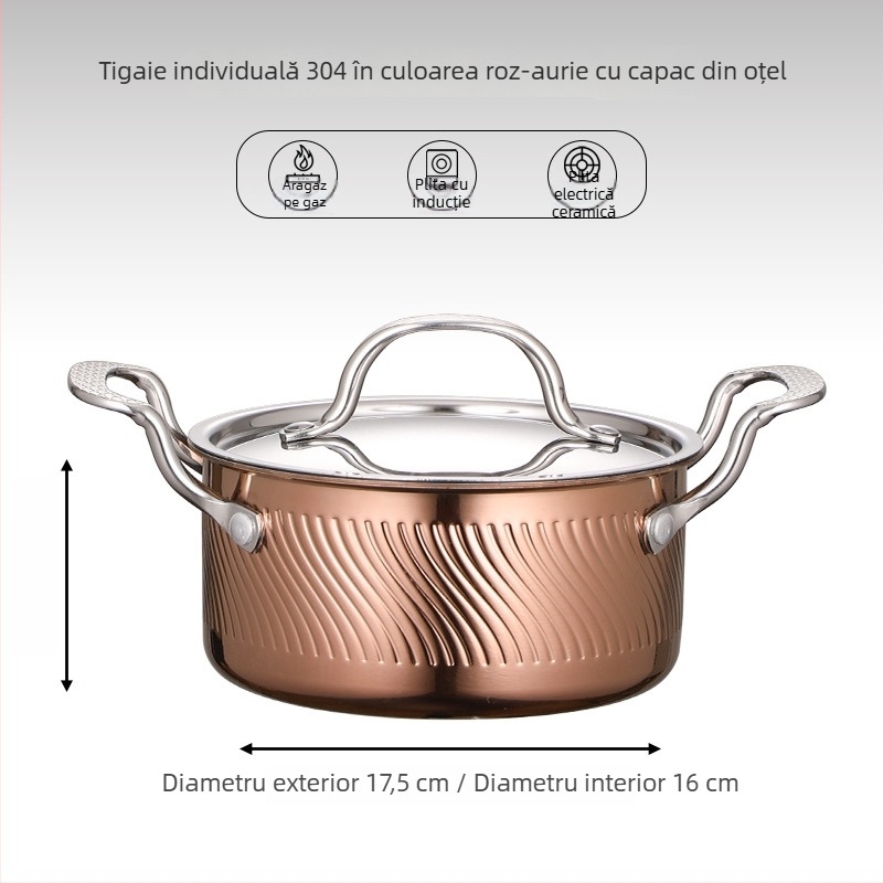 vas de hot pot din oțel inoxidabil 304, pentru o singură persoană, cu capac, 16 cm, 2,1–4 L, bază cu trei straturi