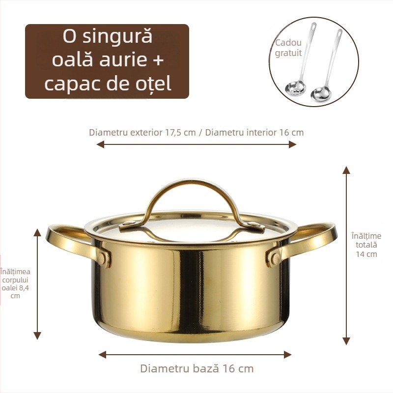 vas de hot pot din oțel inoxidabil 304, pentru o singură persoană, cu capac, 16 cm, 2,1–4 L, bază cu trei straturi