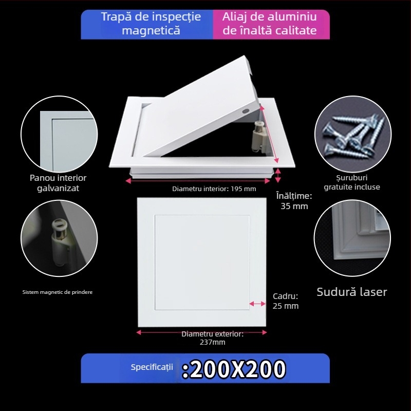 Capac magnetic pentru inspecția în plafonul suspendat, cu panou de acces blocabil și acoperire decorativă