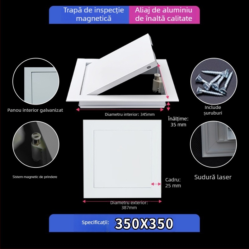 Capac magnetic pentru inspecția în plafonul suspendat, cu panou de acces blocabil și acoperire decorativă