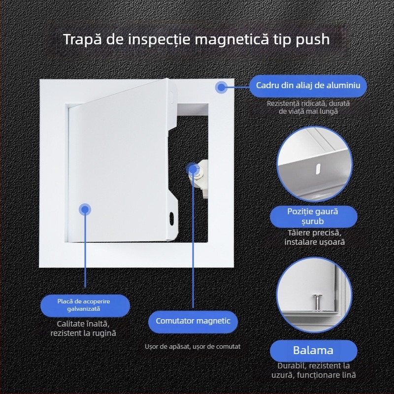 Capac magnetic pentru inspecția în plafonul suspendat, cu panou de acces blocabil și acoperire decorativă