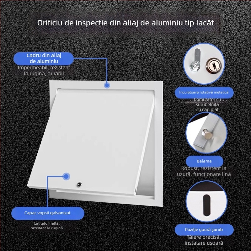 Capac magnetic pentru inspecția în plafonul suspendat, cu panou de acces blocabil și acoperire decorativă