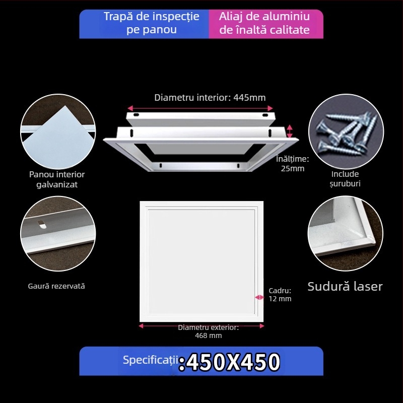 Capac magnetic pentru inspecția în plafonul suspendat, cu panou de acces blocabil și acoperire decorativă