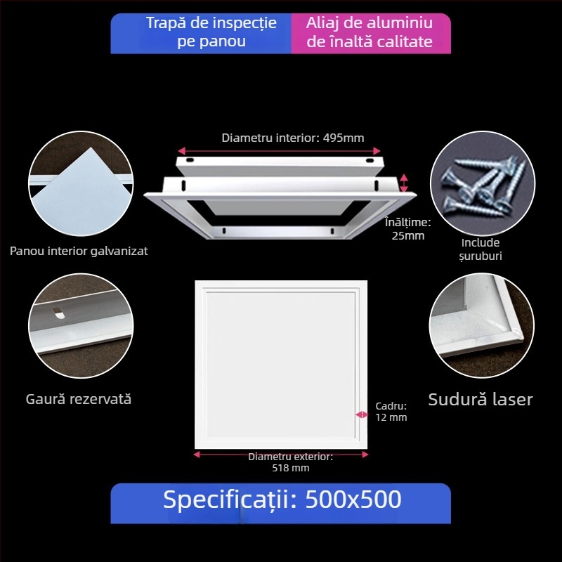 Capac magnetic pentru inspecția în plafonul suspendat, cu panou de acces blocabil și acoperire decorativă