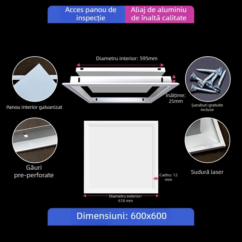 Capac magnetic pentru inspecția în plafonul suspendat, cu panou de acces blocabil și acoperire decorativă