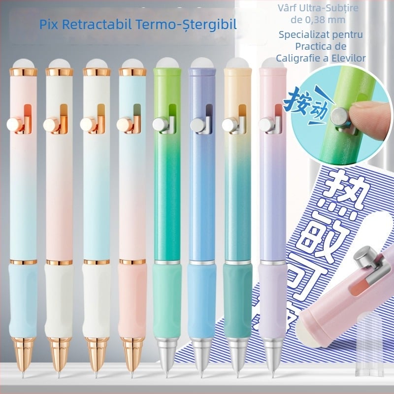 Stilou retractabil, colorat, cu cerneală ștersă termoreactivă, pentru exerciții de scriere, recomandat de profesori