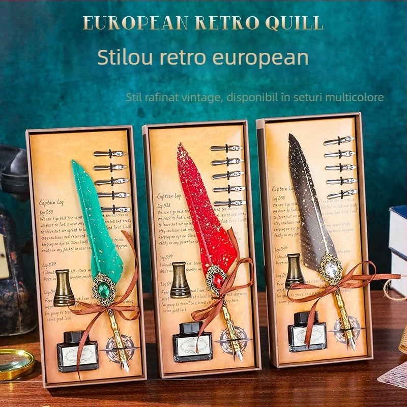 Peniță dip în stil european retro cu penă aurie, pentru studenți, set cadou de ziua de naștere într-o cutie cadou, imprimare logo disponibilă