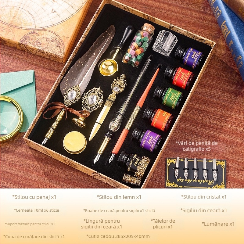 Peniță dip în stil european retro cu penă aurie, pentru studenți, set cadou de ziua de naștere într-o cutie cadou, imprimare logo disponibilă