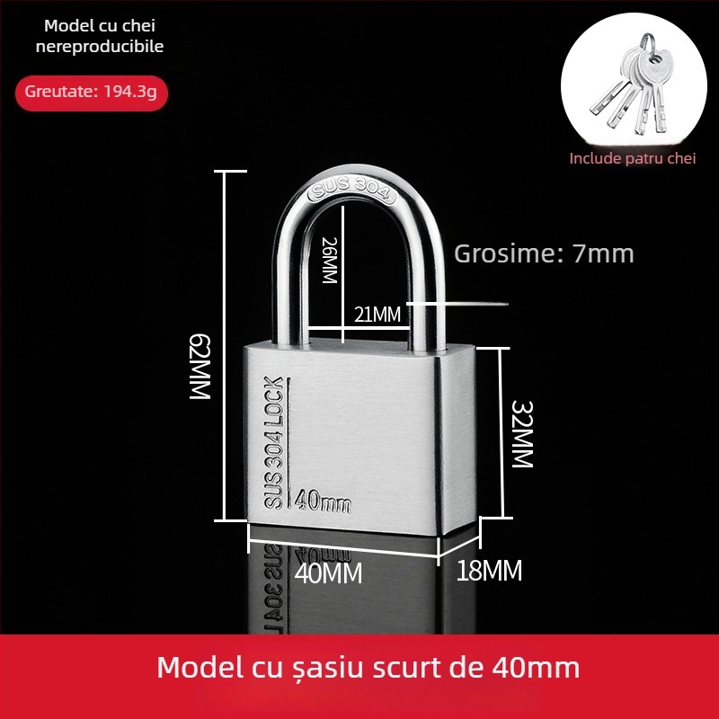 Lacăt din oțel inoxidabil 304 – exterior, rezistent la apă și coroziune, anti-furt pentru uși de depozit și locuințe