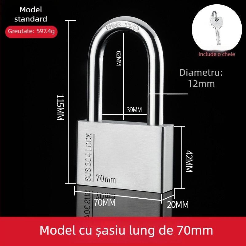 Lacăt din oțel inoxidabil 304 – exterior, rezistent la apă și coroziune, anti-furt pentru uși de depozit și locuințe