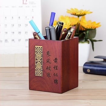 Suport pentru pixuri și cutie de depozitare din lemn masiv, stil retro chinezesc, organizator multifuncțional de birou cu logo
