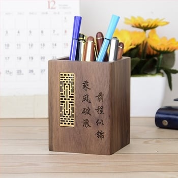 Suport pentru pixuri și cutie de depozitare din lemn masiv, stil retro chinezesc, organizator multifuncțional de birou cu logo