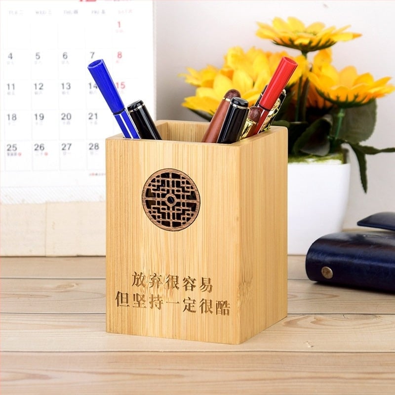 Suport pentru pixuri și cutie de depozitare din lemn masiv, stil retro chinezesc, organizator multifuncțional de birou cu logo