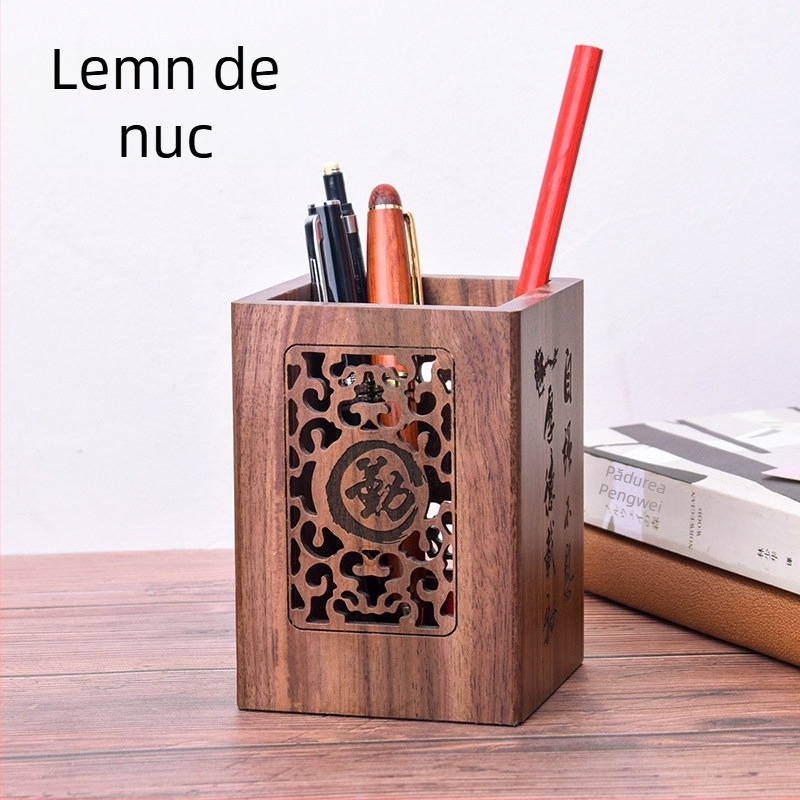 Suport pentru pixuri și cutie de depozitare din lemn masiv, stil retro chinezesc, organizator multifuncțional de birou cu logo