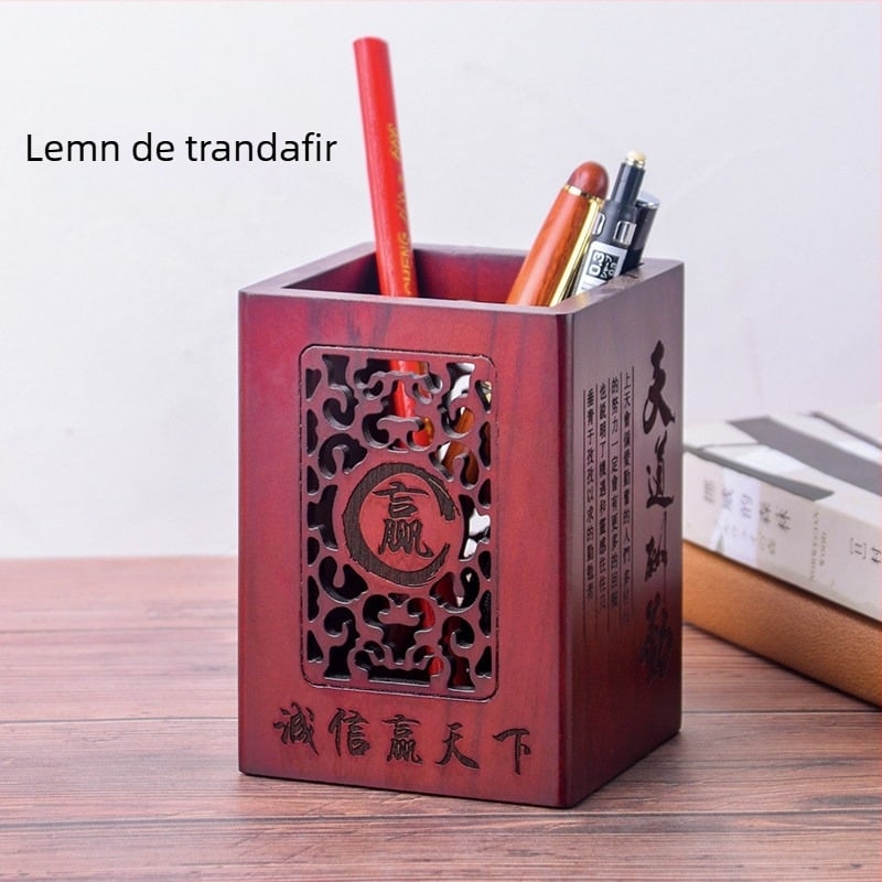 Suport pentru pixuri și cutie de depozitare din lemn masiv, stil retro chinezesc, organizator multifuncțional de birou cu logo