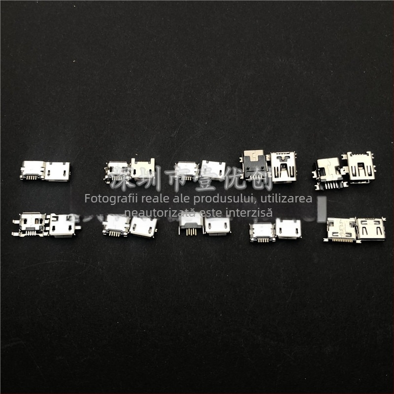 10 modele de conectori Micro USB femelă, 100 bucăți, diverse specificații, pentru încărcare Android, cu cutie