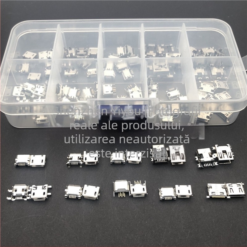 10 modele de conectori Micro USB femelă, 100 bucăți, diverse specificații, pentru încărcare Android, cu cutie