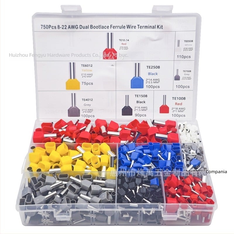 Set european de terminale tubulare preizolate TE, cupru, presare la rece, pentru două conductoare, 750 de bucăți în cutie
