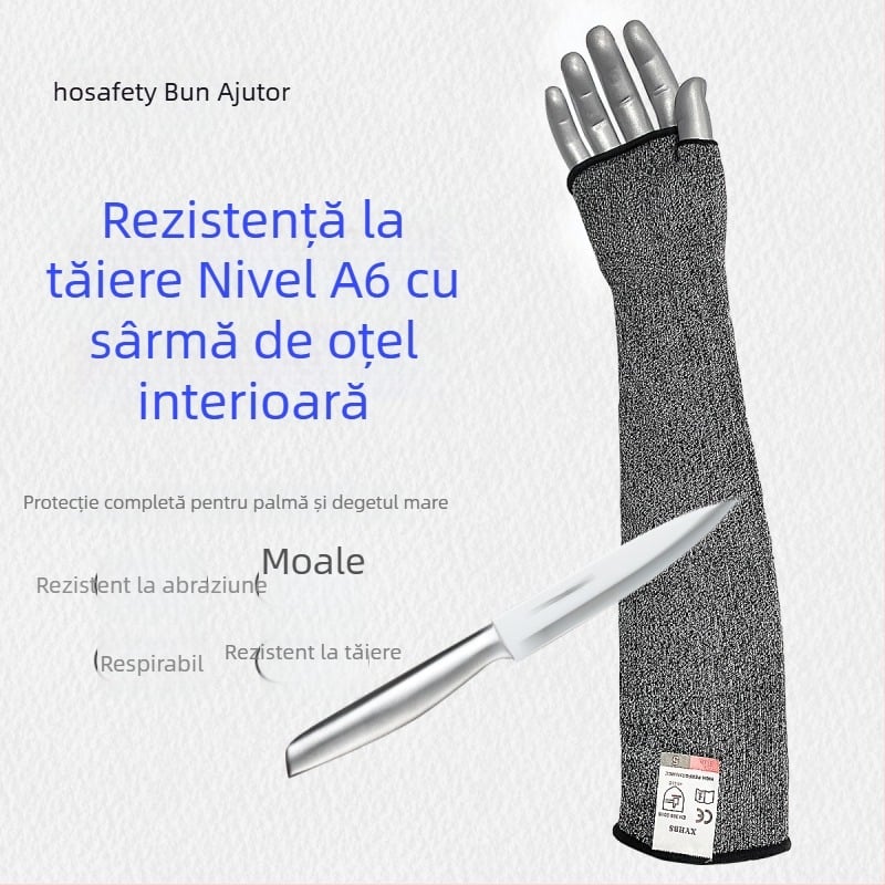 Manșetă extinsă pentru antebraț, cu sârmă de oțel, cinci niveluri de rezistență la tăiere, pentru industria sticlă