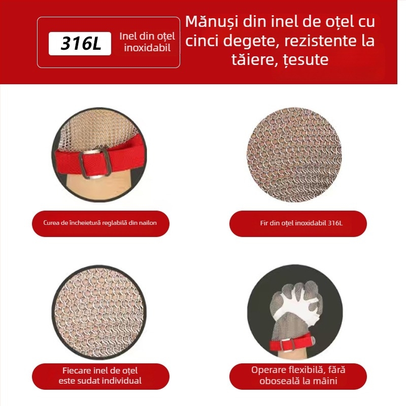 Manșete anti-porțire cu mănuși din oțel inoxidabil cu inele pentru protecția mâinilor (pentru măcelărit și cusut)