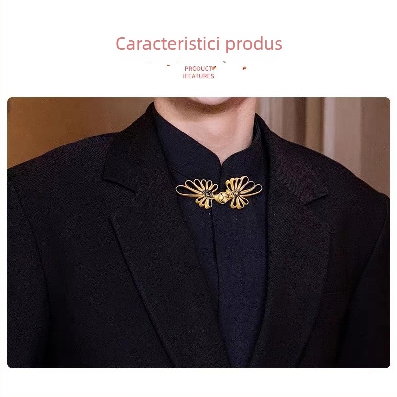 Cămașă pentru bărbați în stil chinezesc nou, cu guler înalt și nasturi aurii brodați, mânecă lungă, inspirație etnică pentru purtare zilnică