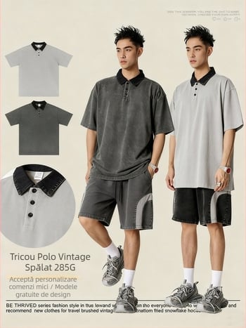 Polo pentru bărbați cu croială lejeră, blocuri de culoare, mâneci scurte, bumbac, stil retro american.