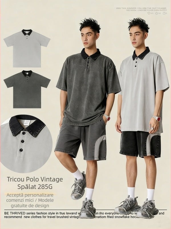 Polo pentru bărbați cu croială lejeră, blocuri de culoare, mâneci scurte, bumbac, stil retro american.