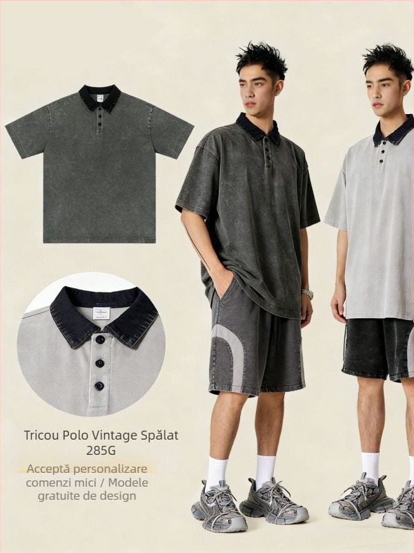 Polo pentru bărbați cu croială lejeră, blocuri de culoare, mâneci scurte, bumbac, stil retro american.