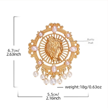 Broșă cu perlă, portret rotund reliefat, stil retro, accesoriu elegant pentru haine